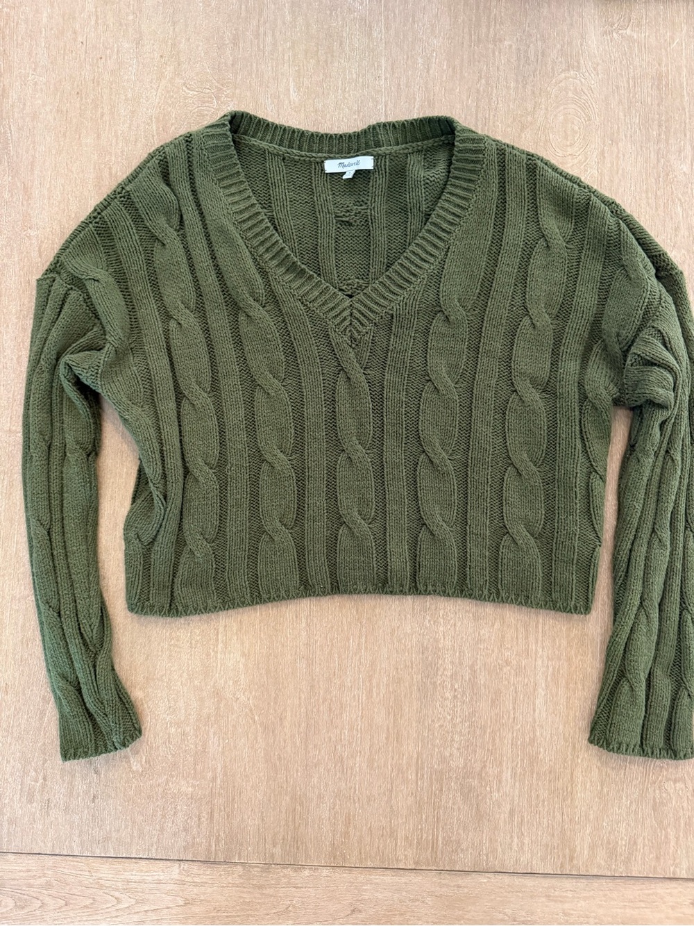 Madewell Olive Green Cable Knit Cropped V-Neck Sweater Women’s Medium